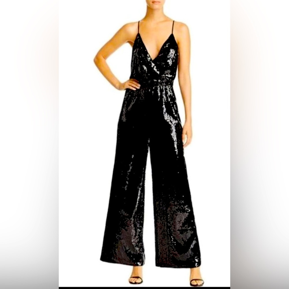 AQUA Sequin Surplice Wide Leg Evening Jumpsuit XS